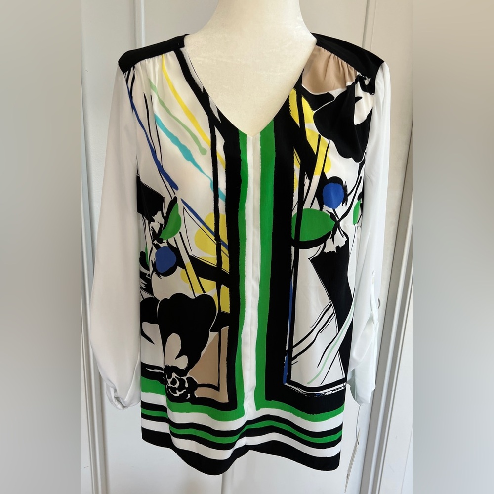 Dana Buchman Multicolor Abstract V-Neck Blouse